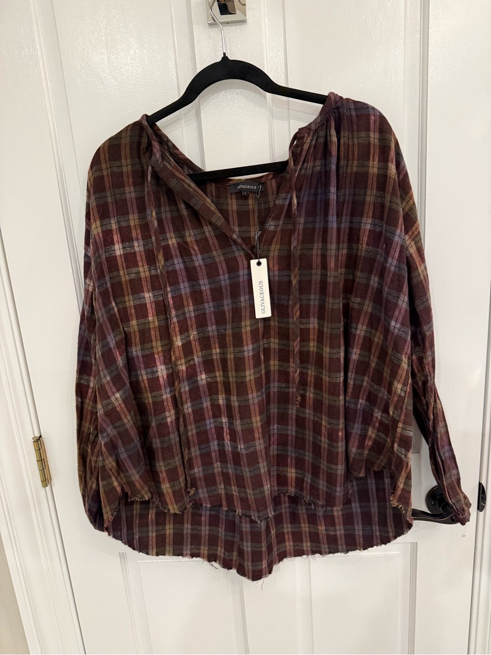Olivaceous Plaid Button-Neck Women’s Top NWT